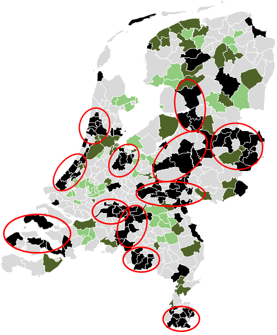 Gemeenten met sterker dan gemiddelde krimp woningen in aanbouw. Bron: ABN AMRO, RUG